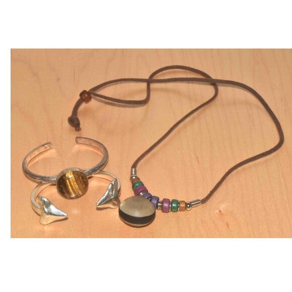 Lot of 3 Nature Nautical Tiger Eye Silver Cuff and Shark Tooth Cuff and Necklace - Picture 1 of 8